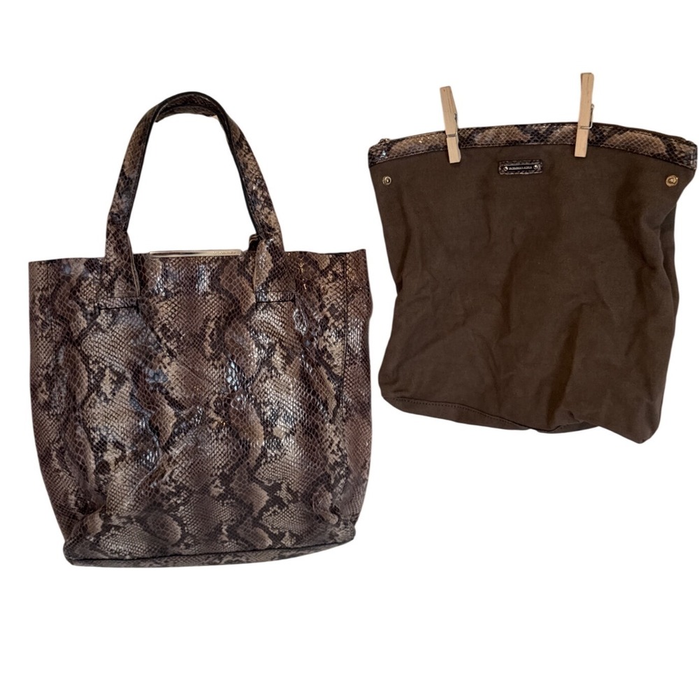 BCBGMAXAZRIA Brown Snakeskin Embossed Leather Tote Bag & Removable Pouch 15x15"